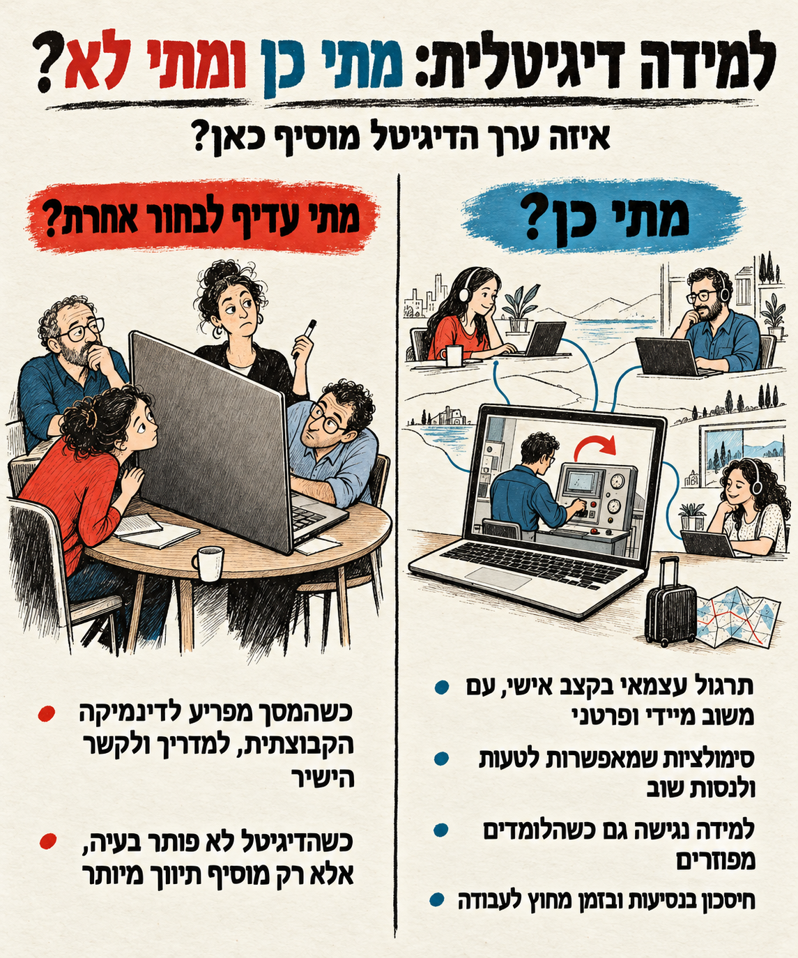 למידה דיגיטלית: מתי כן ומתי לא? הדיגיטל מוסיף ערך בתרגול אישי עם משוב מיידי, בסימולציות, בלמידה למשתתפים מפוזרים ובחיסכון בנסיעות ובזמן מחוץ לעבודה. כדאי לבחור אחרת כשהמסך מפריע לדינמיקה הקבוצתית ולקשר הישיר, או מוסיף תיווך בלי לפתור בעיה.